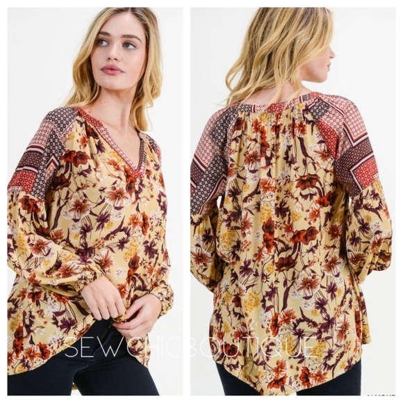Floral Print Collarless Long Sleeve Top - Picture 1 of 5